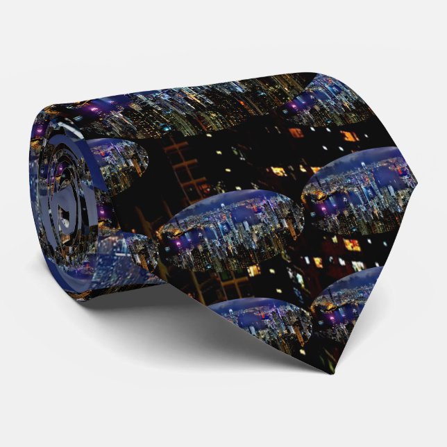 Hong Kong City Skyline Lights at Night Neck Tie (Rolled)