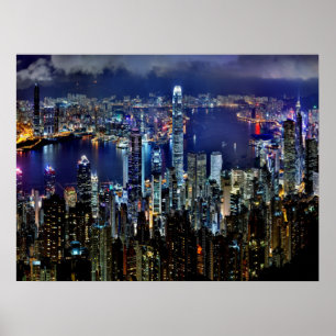 Hong Kong City Skyline Lights at Night Poster