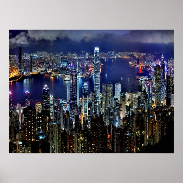 Hong Kong City Skyline Lights at Night Poster (Front)