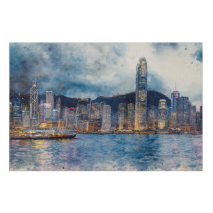 Hong Kong Cityscape - Watercolor Splash Painting Faux Canvas Print