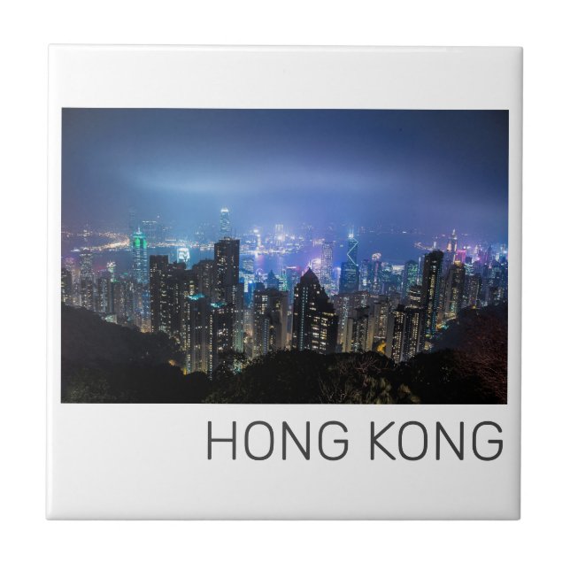Hong Kong Island Skyline Panorama Night Souvenir Ceramic Tile (Front)