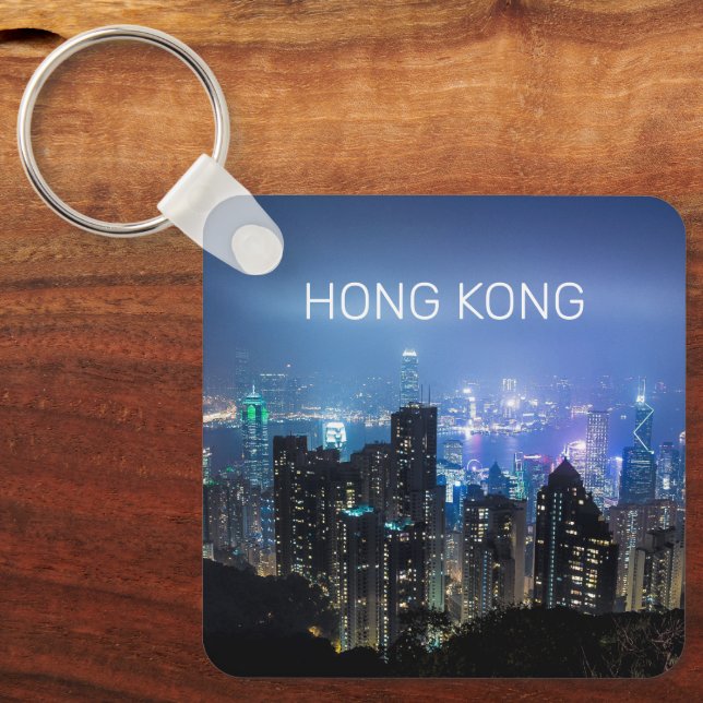 Hong Kong Island Skyline Panorama Night Souvenir Keychain (Front)