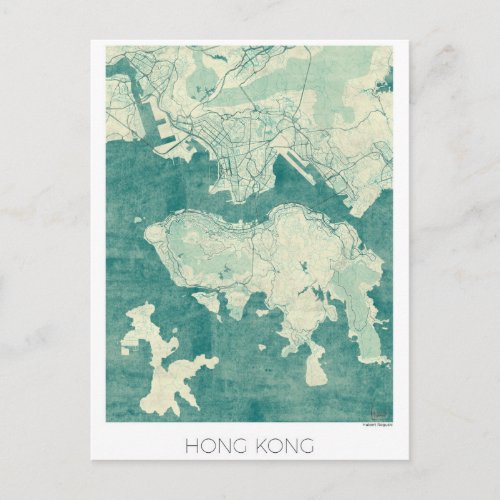 Hong Kong Map Blue Vintage Watercolor Postcard