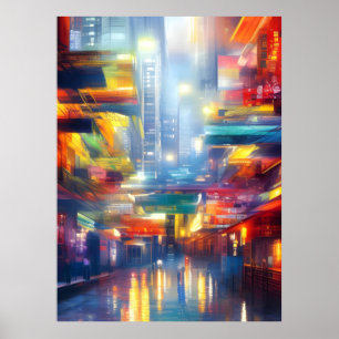 Hong Kong Neon Lights Colorful Cityscape Poster