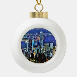 Hong Kong night skyline Ceramic Ball Christmas Ornament