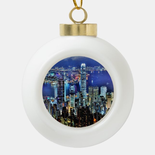 Hong Kong night skyline Ceramic Ball Christmas Ornament (Front)