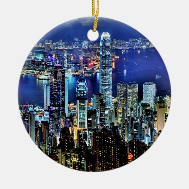 Hong Kong night skyline Ceramic Ornament (Front)