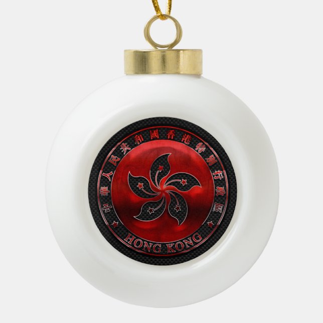 Hong Kong Ruby Medallion on Carbon Fiber Print Ceramic Ball Christmas Ornament (Front)