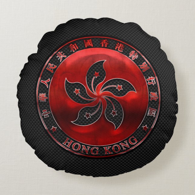 Hong Kong Ruby Medallion on Carbon Fiber Print Round Pillow (Front)