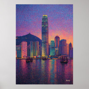 Hong Kong Skyline Pointillism Sunset Cityscape Poster