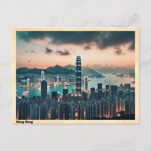 Hong Kong Skyline Vintage Travel Postcard