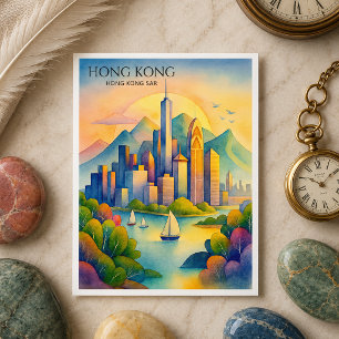 Hong Kong Skyline Watercolor Travel Holiday Postcard
