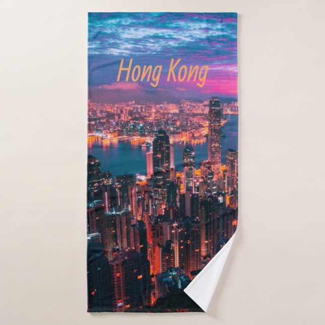 Hong Kong Skyscraper Skyline Night Lights Bath Towel (Bath Towel)
