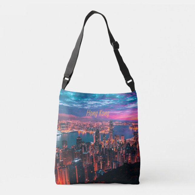 Hong Kong Skyscraper Skyline Night Lights Crossbody Bag (Back)