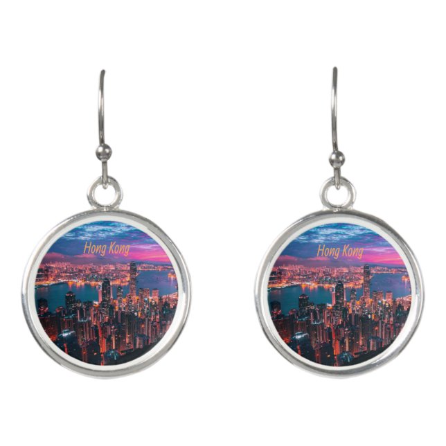 Hong Kong Skyscraper Skyline Night Lights Earrings (Front)