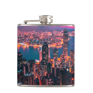 Hong Kong Skyscraper Skyline Night Lights Flask