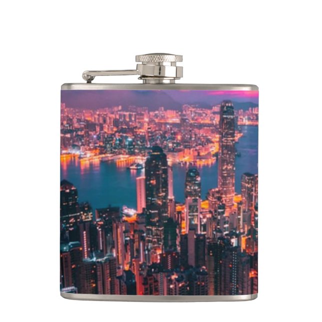 Hong Kong Skyscraper Skyline Night Lights Flask (Front)