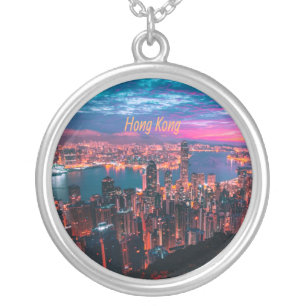 Hong Kong Skyscraper Skyline Night Lights Silver Plated Necklace