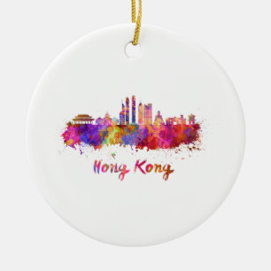 Hong Kong V2 skyline in watercolor Ceramic Ornament