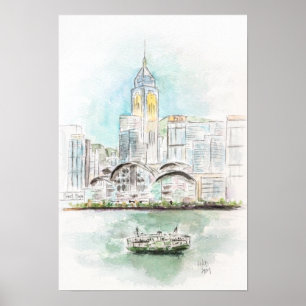 Hong Kong Victoria Harbor 1 ink and watercolour  Poster