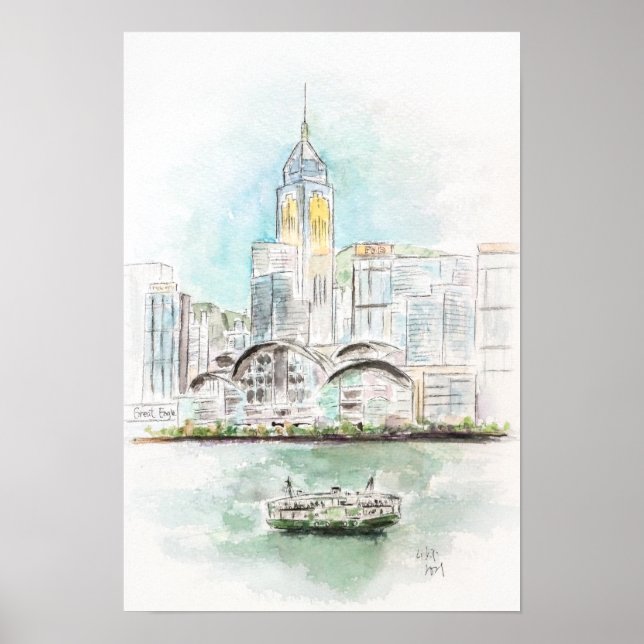 Hong Kong Victoria Harbor 1 ink and watercolour  Poster (Front)
