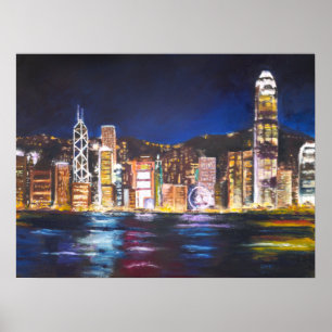 Hong Kong Vitoria Harbor night view oil painting Poster