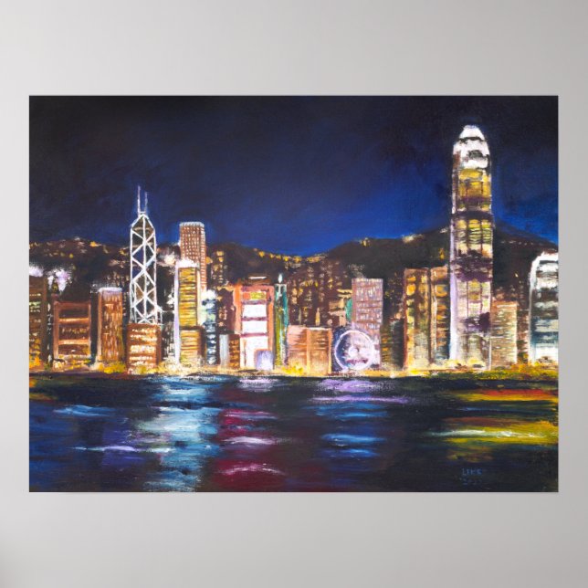 Hong Kong Vitoria Harbor night view oil painting Poster (Front)