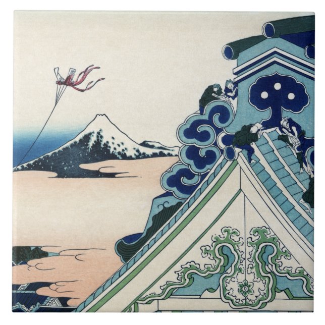 Honganji Temple Vista of Mt. Fuji Japanese Woodcut Ceramic Tile (Front)