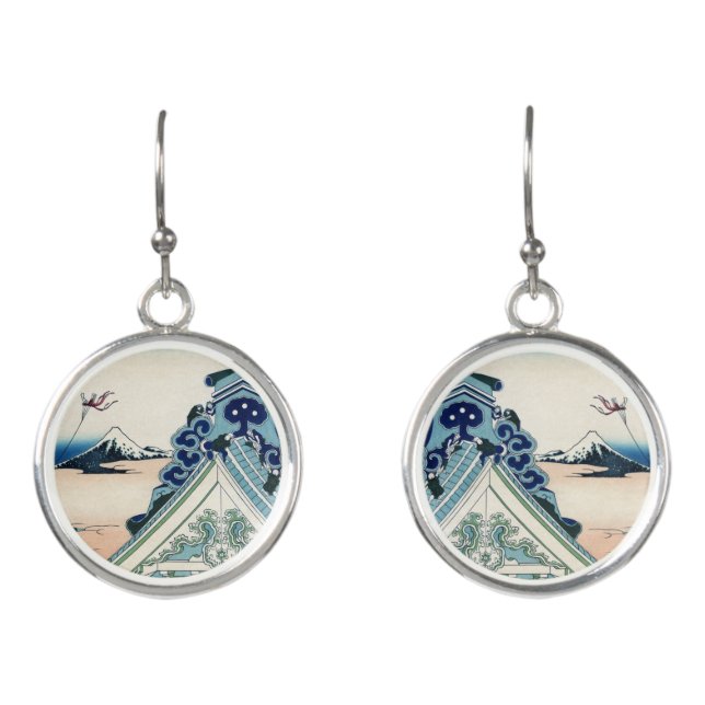 Honganji Temple Vista of Mt. Fuji Japanese Woodcut Earrings (Front)