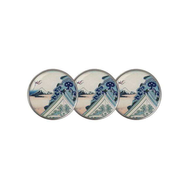 Honganji Temple Vista of Mt. Fuji Japanese Woodcut Golf Ball Marker (3 Up)