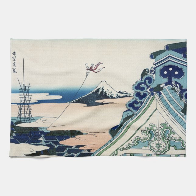 Honganji Temple Vista of Mt. Fuji Japanese Woodcut Kitchen Towel (Horizontal)