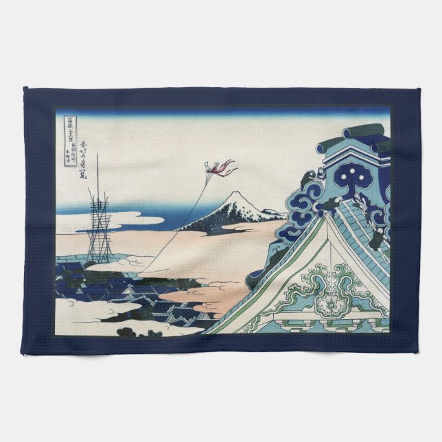 Honganji Temple Vista of Mt. Fuji Japanese Woodcut Kitchen Towel (Horizontal)