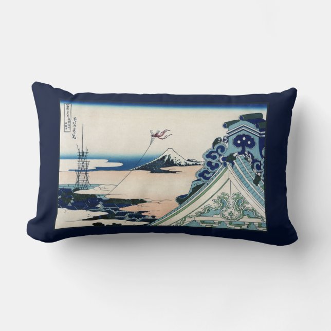 Honganji Temple Vista of Mt. Fuji Japanese Woodcut Lumbar Pillow (Front)