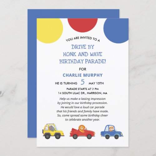 Honk And Wave Car Parade Safari Animals Birthday Invitation