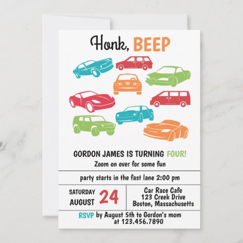 Honk Beep AutomobileCars Birthday Party Invitation