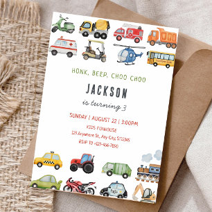 Honk Beep Choo Choo Truck Cars Birthday Invitation