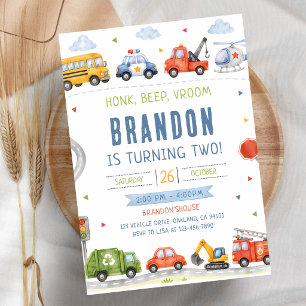 Honk Beep Choo Choo Truck Cars Birthday Invitation