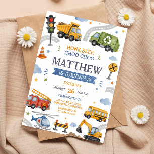 Honk Beep Choo Choo Truck Cars Birthday Invitation