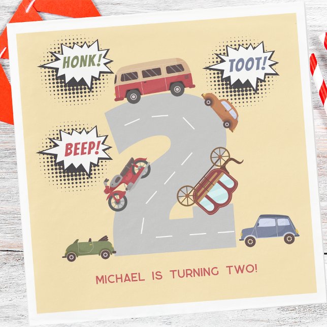 Honk beep toot retro on the road second birthday napkins (Creator Uploaded)