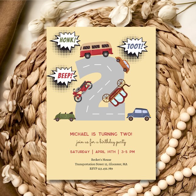 Honk beep toot retro vehicles second boy birthday invitation (Creator Uploaded)