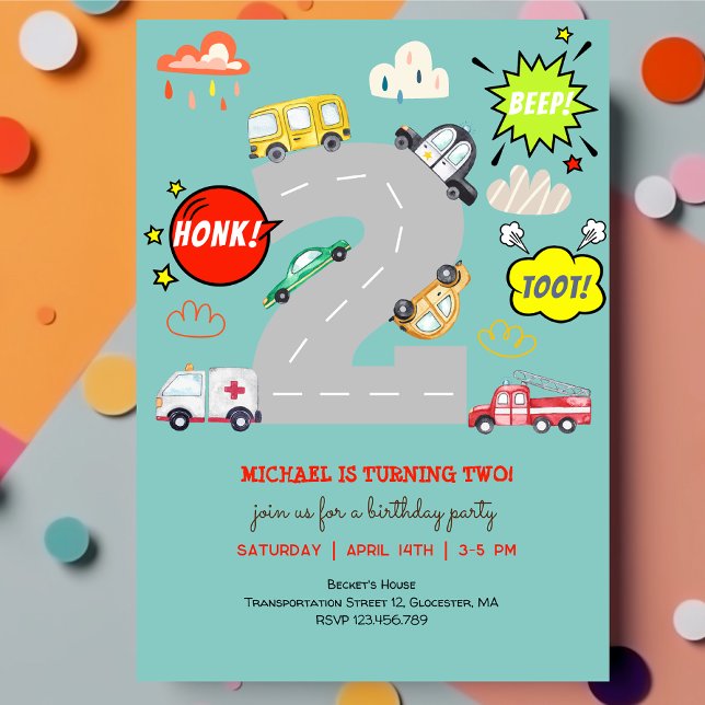 Honk beep toot vehicles boy birthday invitation (Creator Uploaded)