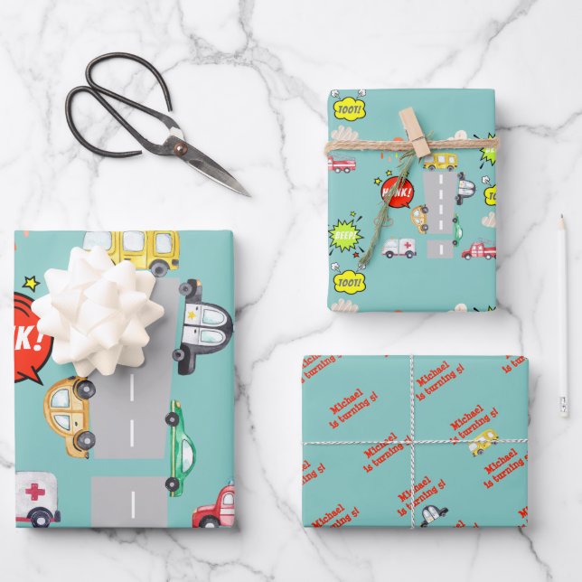 Honk beep toot vehicles boy birthday wrapping paper sheets (Front)
