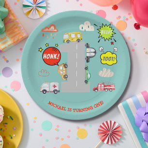 Honk beep toot vehicles first boy birthday paper plates
