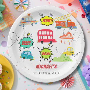 Honk beep vroom happy vehicles boy birthday paper plates