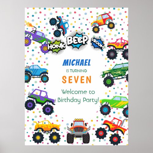 Honk beep vroom monster truck boy birthday welcome poster