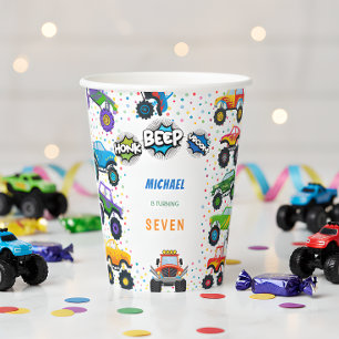Honk beep vroom monster trucks birthday paper cups