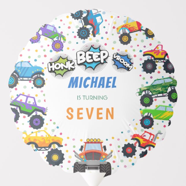 Honk beep vroom monster trucks boy birthday balloon (Front)