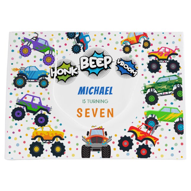 Honk beep vroom monster trucks boy birthday bowl large gift bag (Front)