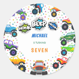 Honk beep vroom monster trucks boy birthday classic round sticker