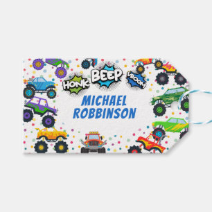 Honk beep vroom monster trucks boy birthday gift tags